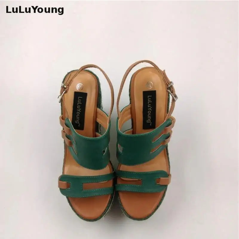 Women wedges 13.5cm high heels sandals striped Straw shoes Casual platform shoes open toe