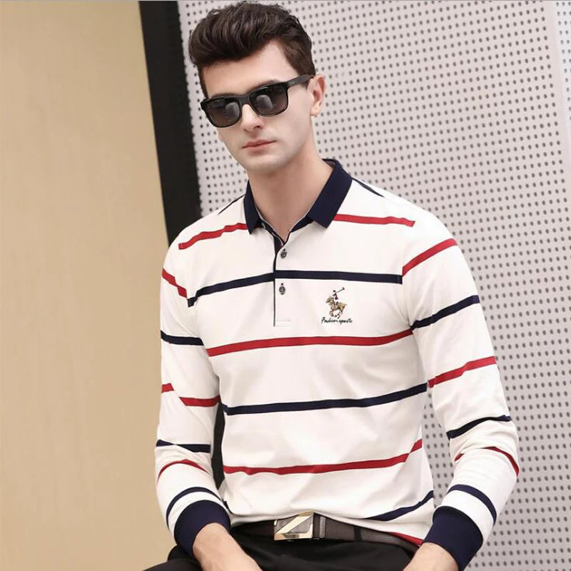 Autumn winter new polo shirt High quality brand cotton men's striped shirt