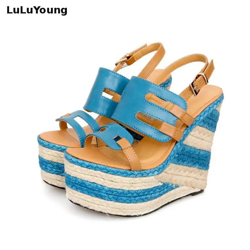 Women wedges 13.5cm high heels sandals striped Straw shoes Casual platform shoes open toe