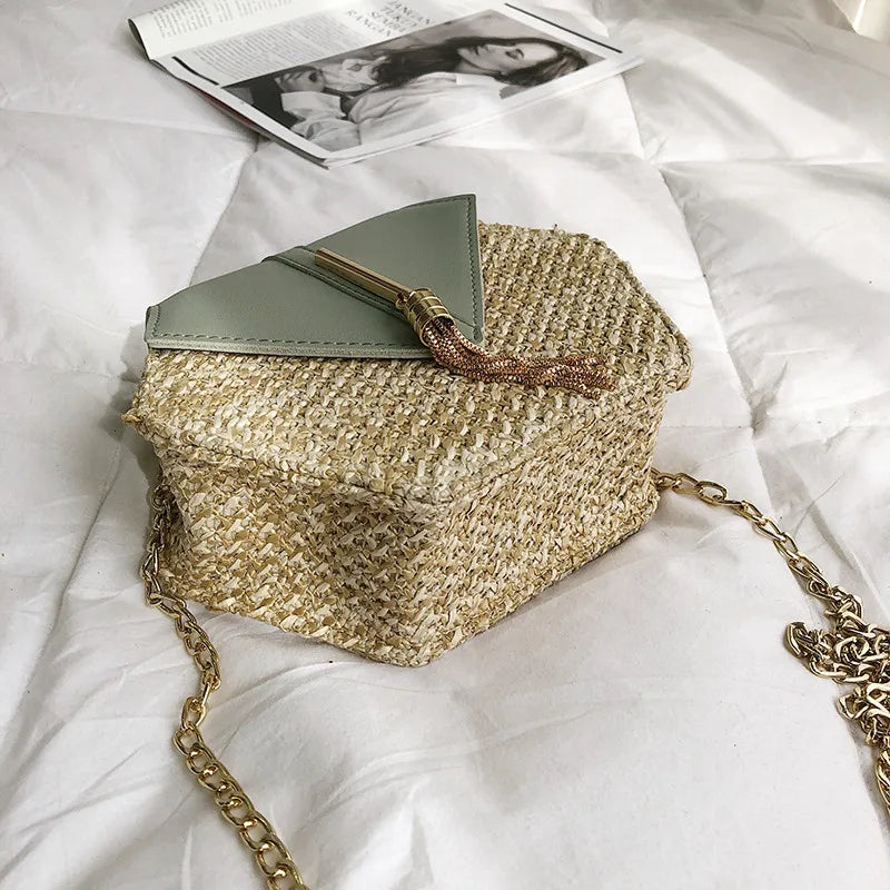 Hexagon Mulit Style Straw+leather Handbag WomeN