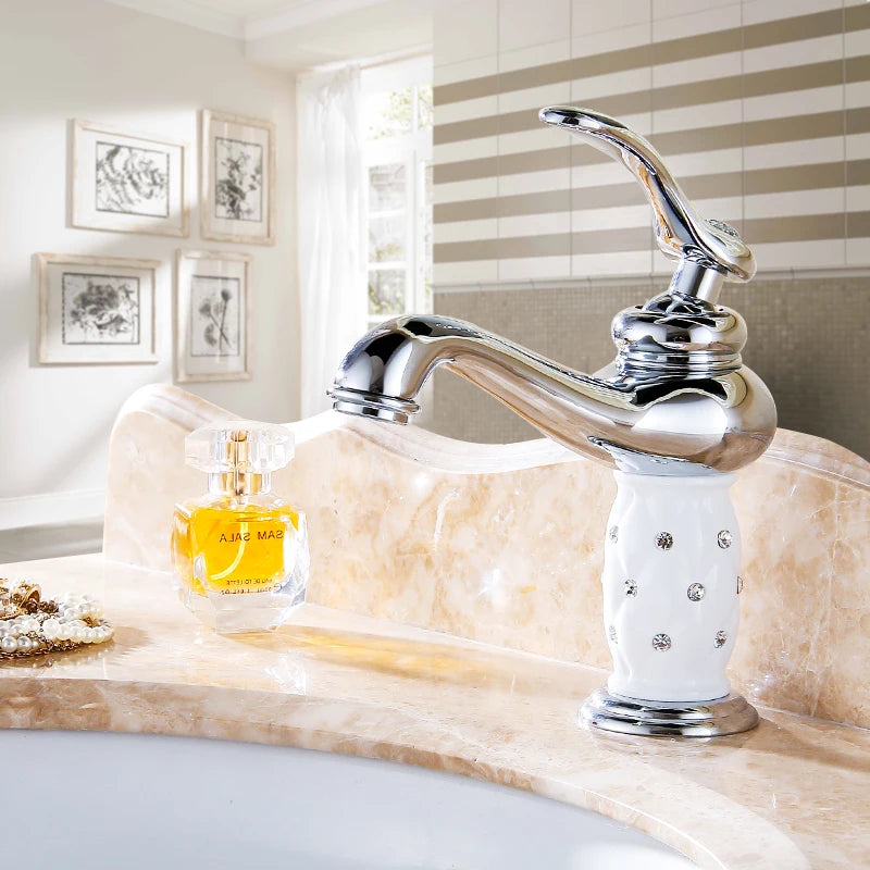 Basin Faucets Brass with Diamond Bathroom Faucet Gold Mixer