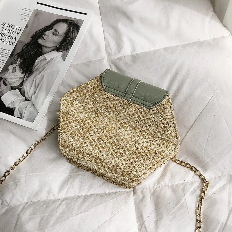 Hexagon Mulit Style Straw+leather Handbag WomeN