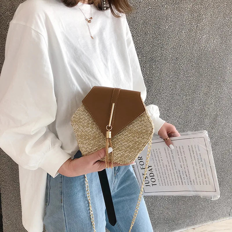 Hexagon Mulit Style Straw+leather Handbag WomeN
