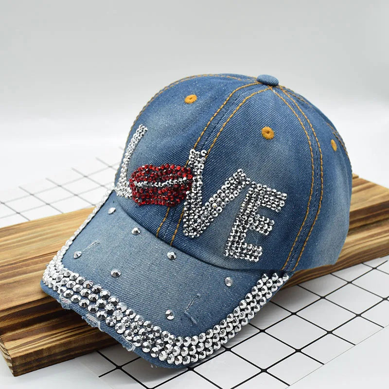 Mouth LOVE Rhinestone Denim Baseball CapHats For Men Women