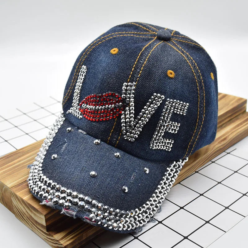 Mouth LOVE Rhinestone Denim Baseball CapHats For Men Women