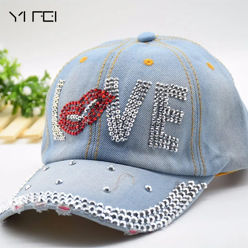 Mouth LOVE Rhinestone Denim Baseball CapHats For Men Women