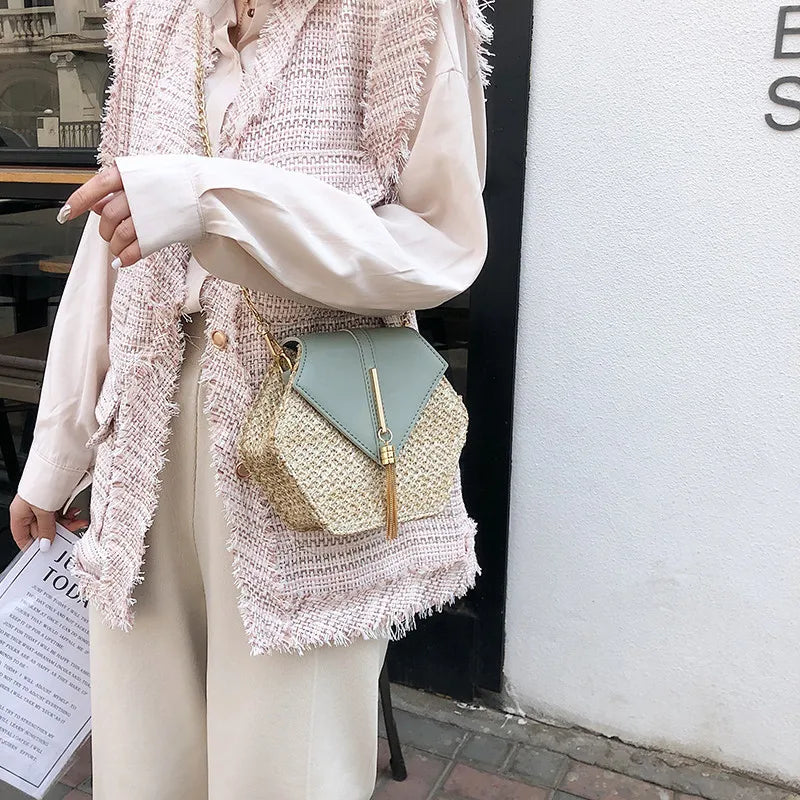 Hexagon Mulit Style Straw+leather Handbag WomeN