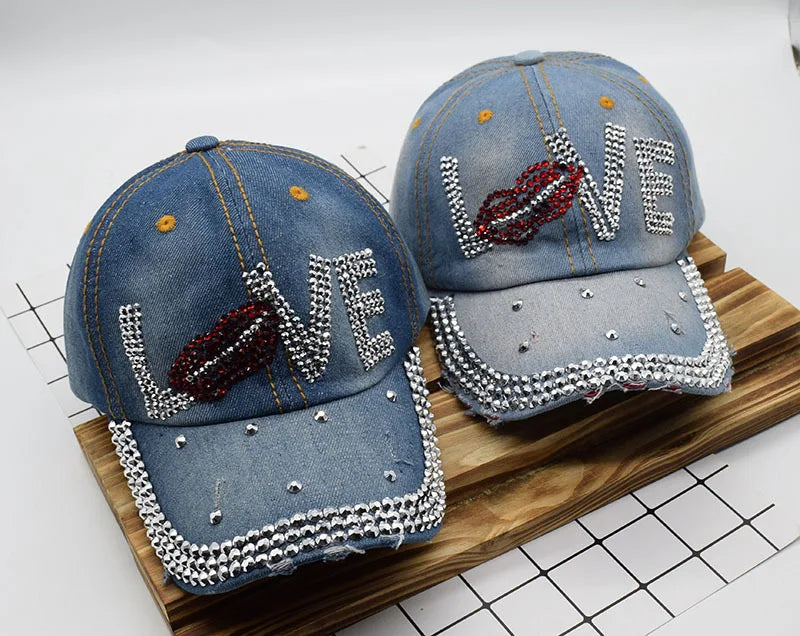 Mouth LOVE Rhinestone Denim Baseball CapHats For Men Women