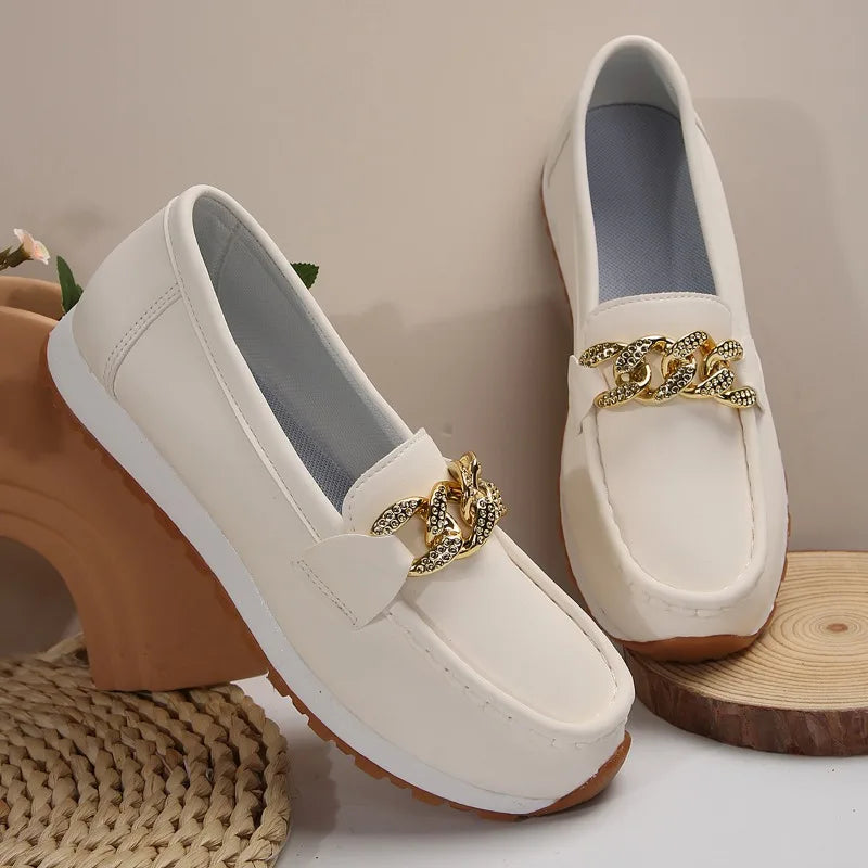 2024 Ladies Spring New Metal Chain Desf Walking Flat Shoes