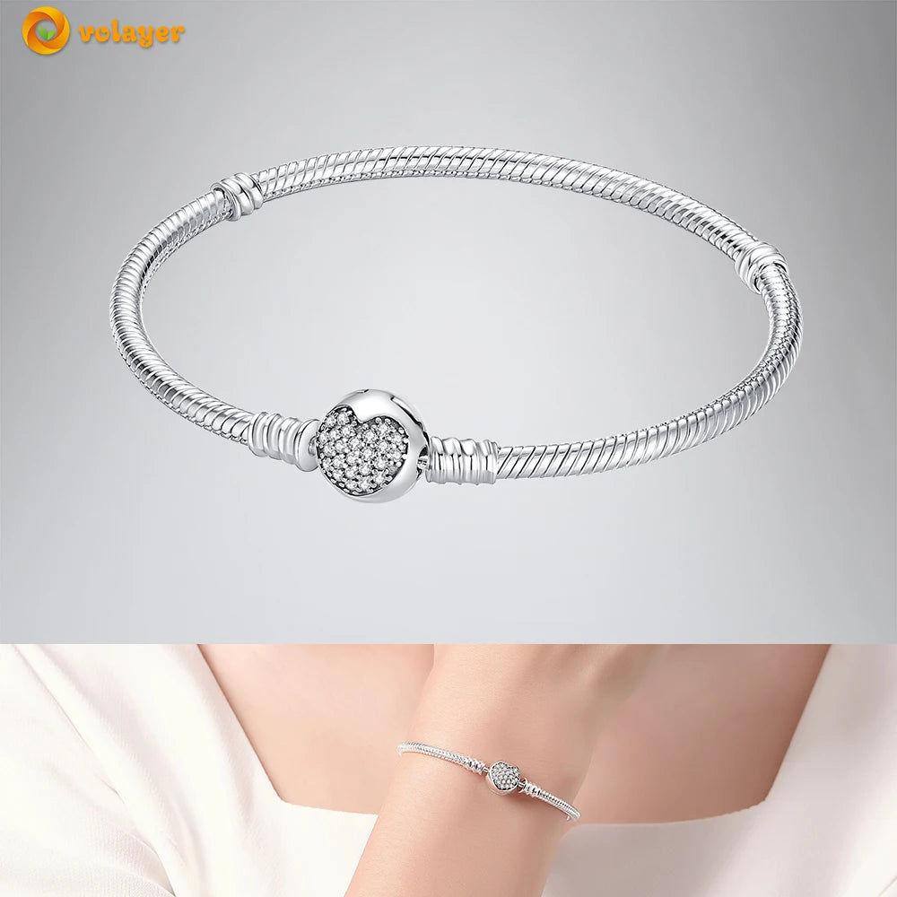 Volayer 925 Sterling Silver Bracelets Pavé Heart Shell Feathers Dreamcatcher Crown Clasp Snake Chain Bracelets Love Wing Bangles