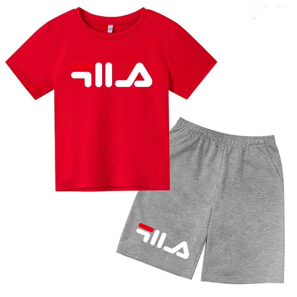Summer Round Neck T-shirt for Boys Girl+shorts Set Children's Printed Cotton Breathable Leisure Brand Short Sleeve Clothing