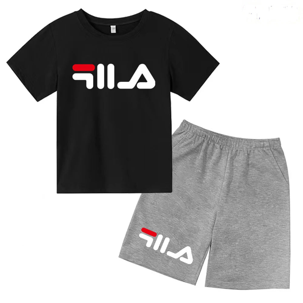 Summer Round Neck T-shirt for Boys Girl+shorts Set Children's Printed Cotton Breathable Leisure Brand Short Sleeve Clothing