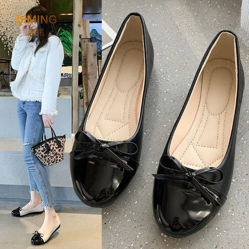 Women Ballet Flats Two Tone Bow Flats Round Toe Shoes For Women Slip On Casual Work Dress Flats Pumps Shallow Mouth Casual Shoes