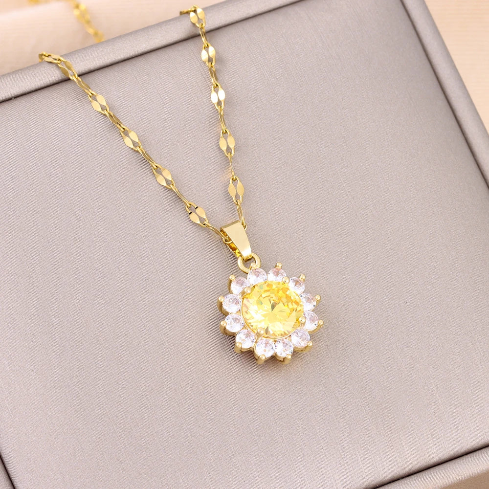 New In Trendy Zircon Crystal Pendant Stainless Steel Necklace