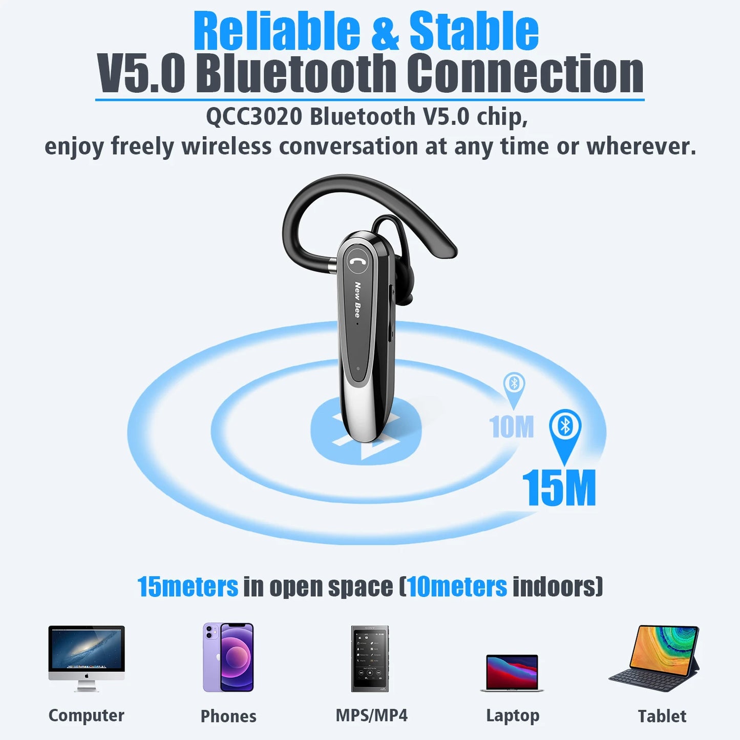 New Bee B45 Bluetooth 5.0 Headset Wireless Earphone Earpiece