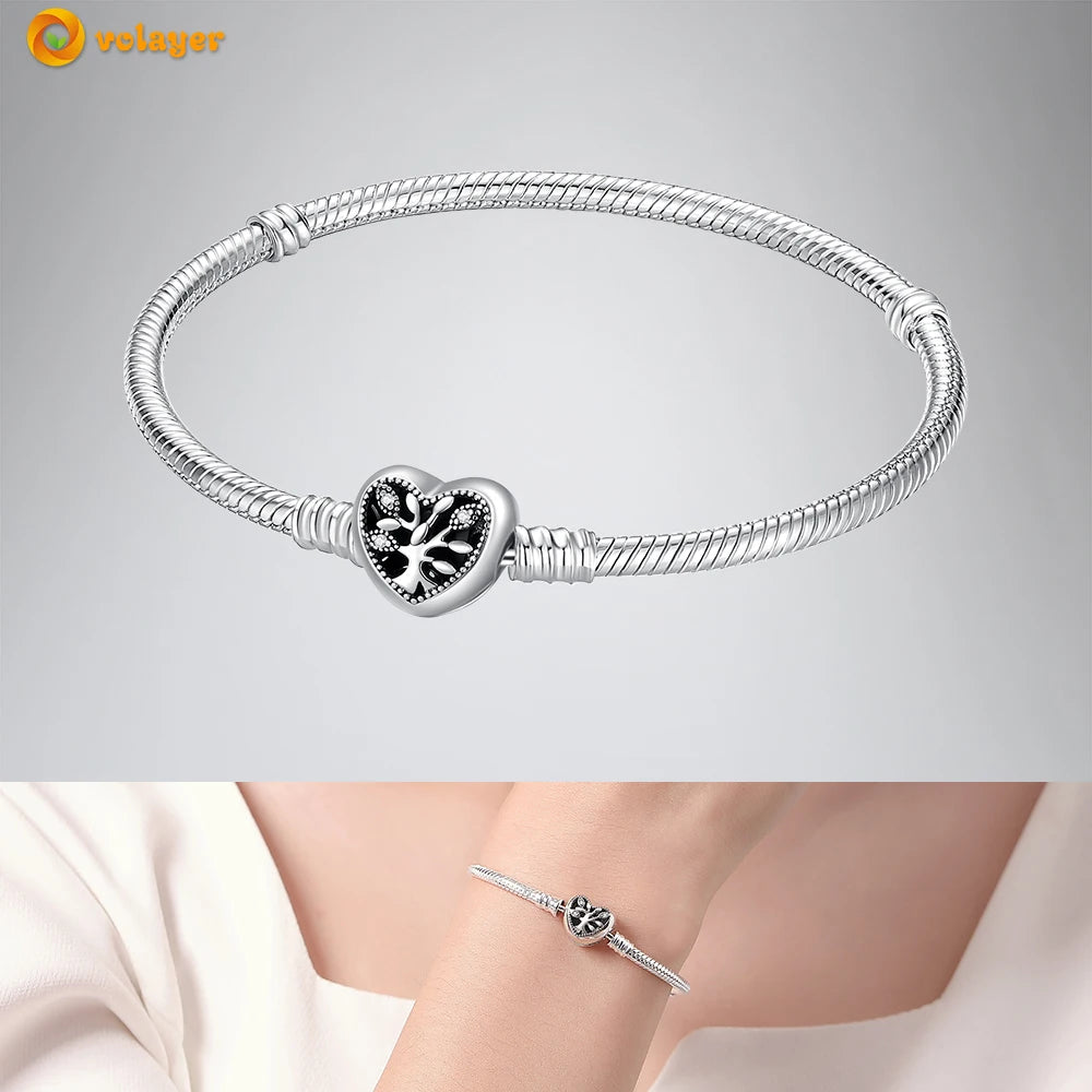 Volayer 925 Sterling Silver Bracelets Pavé Heart Shell Feathers Dreamcatcher Crown Clasp Snake Chain Bracelets Love Wing Bangles