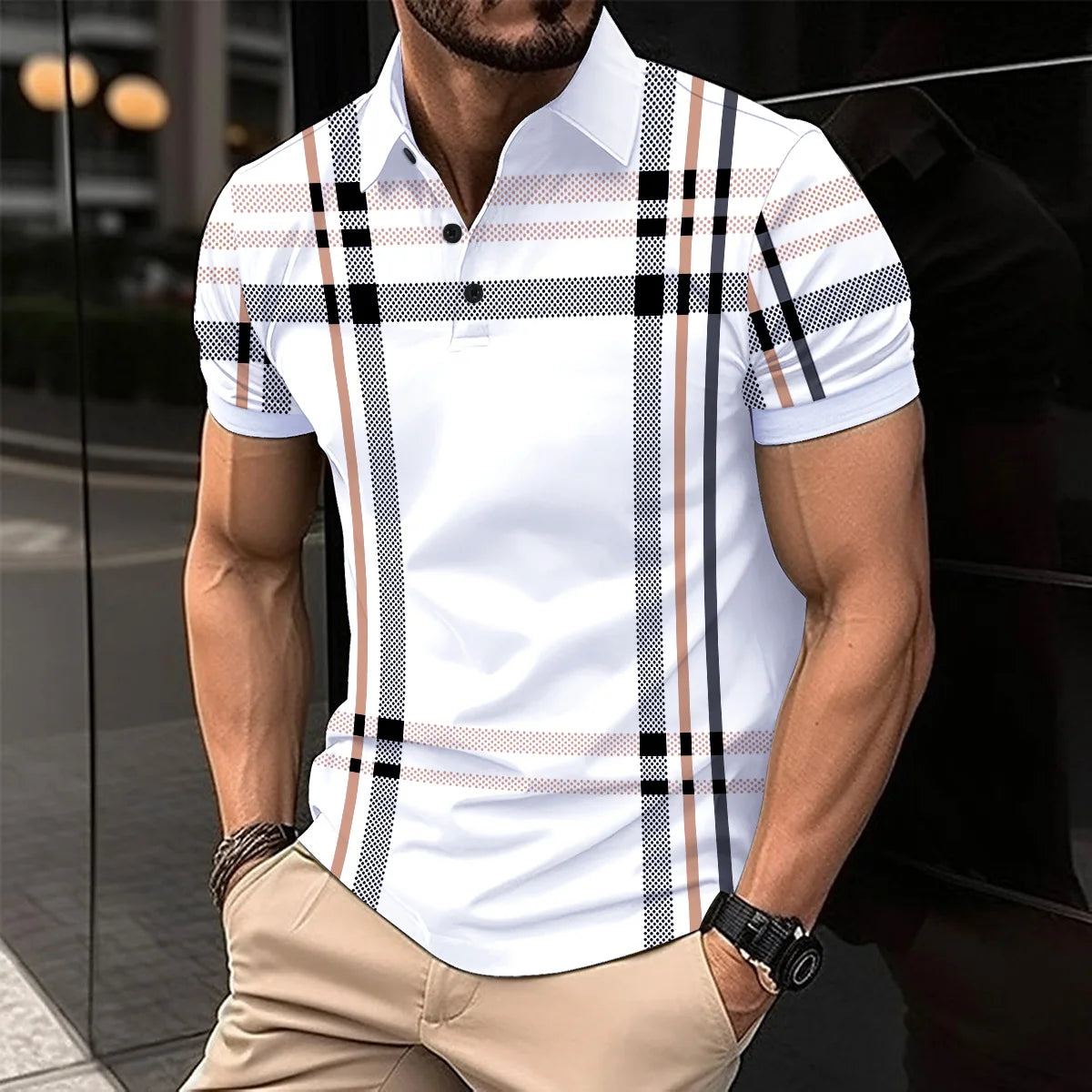 2024 Summer Men's Fashion Lapel Short-Sleeved Striped men's Polo Shirt