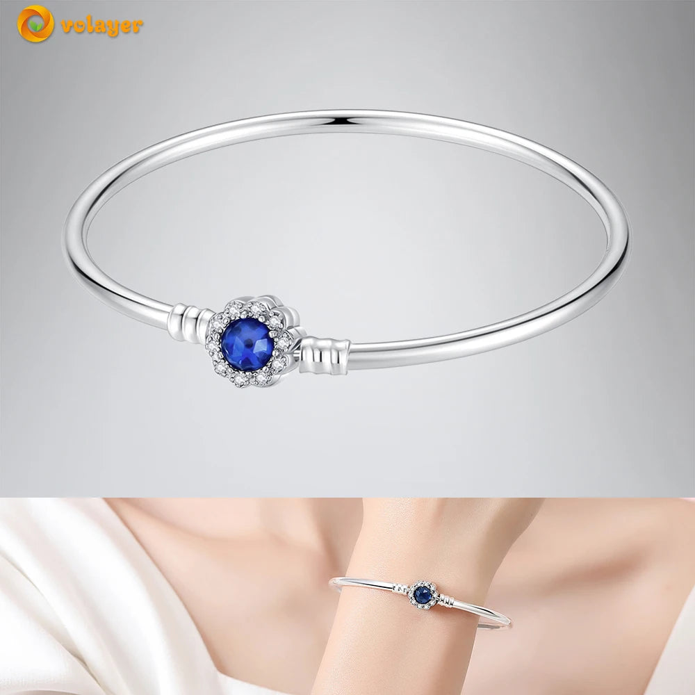 Volayer 925 Sterling Silver Bracelets Pavé Heart Shell Feathers Dreamcatcher Crown Clasp Snake Chain Bracelets Love Wing Bangles