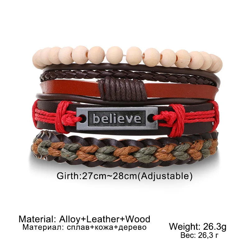 4Pcs/ Set Braided Wrap Leather ads Ethnic Tribal Wristband Rope Bracelet