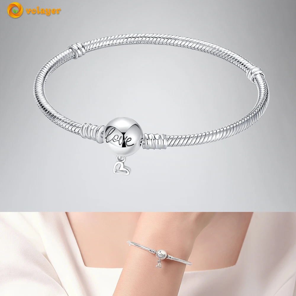 Volayer 925 Sterling Silver Bracelets Pavé Heart Shell Feathers Dreamcatcher Crown Clasp Snake Chain Bracelets Love Wing Bangles