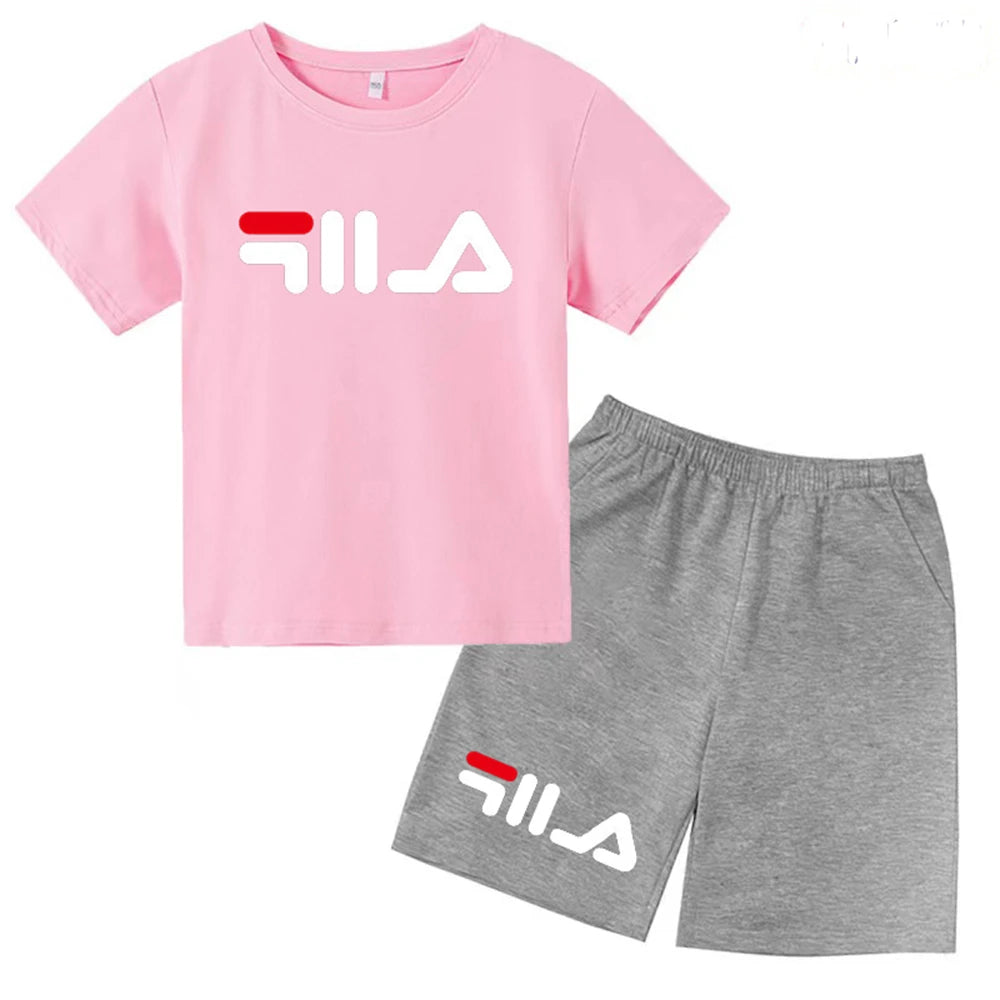 Summer Round Neck T-shirt for Boys Girl+shorts Set Children's Printed Cotton Breathable Leisure Brand Short Sleeve Clothing