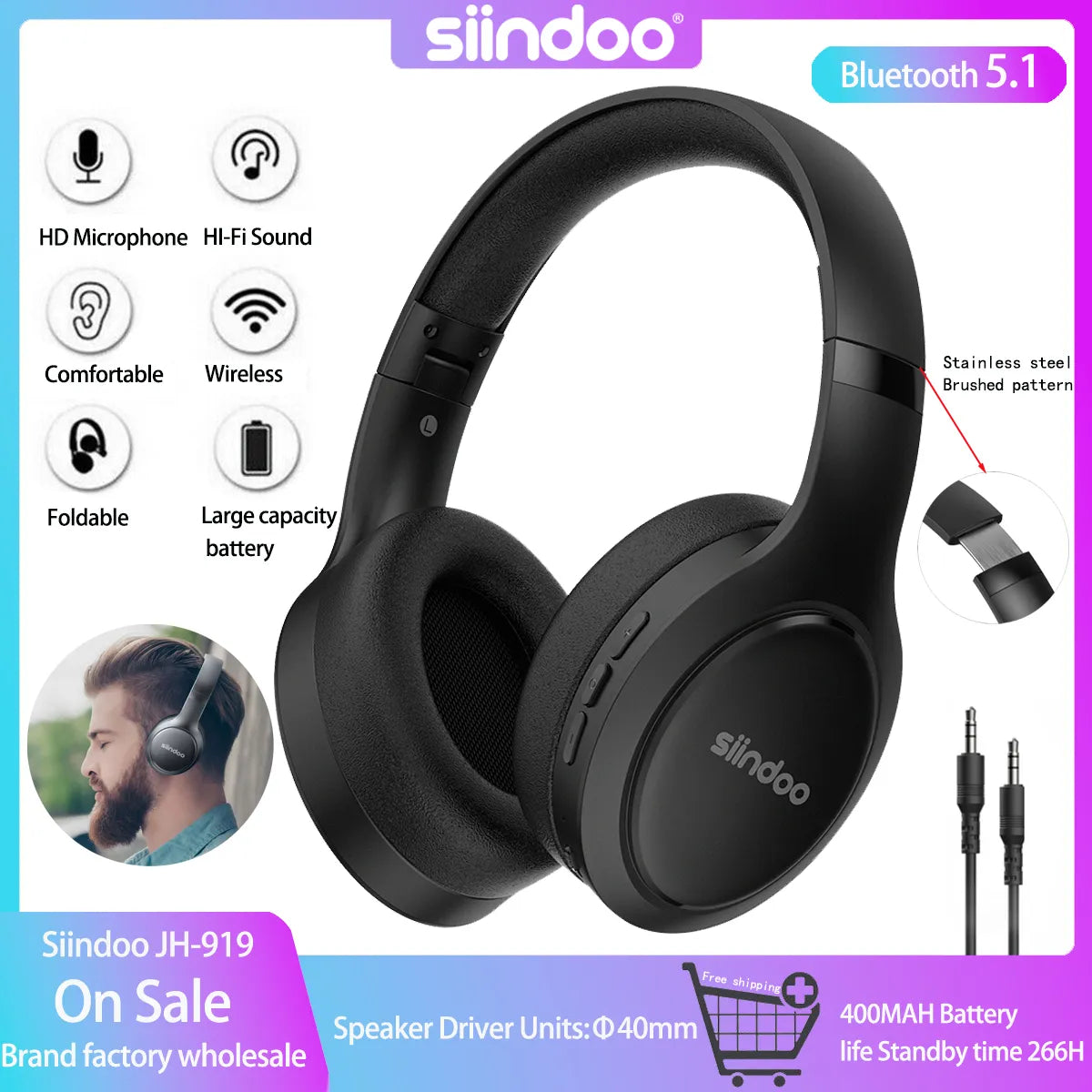 Siindoo JH-919 Wireless Bluetooth Headphones Foldable
