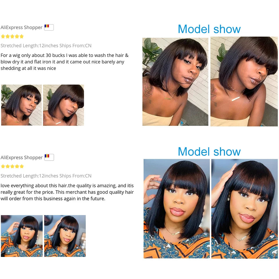 Brazilian Human Hair Wig with Bangs for Women 8-16 Inches
