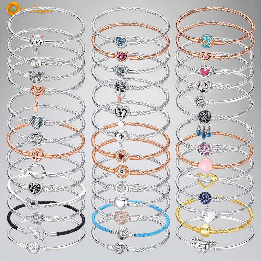 Volayer 925 Sterling Silver Bracelets Pavé Heart Shell Feathers Dreamcatcher Crown Clasp Snake Chain Bracelets Love Wing Bangles