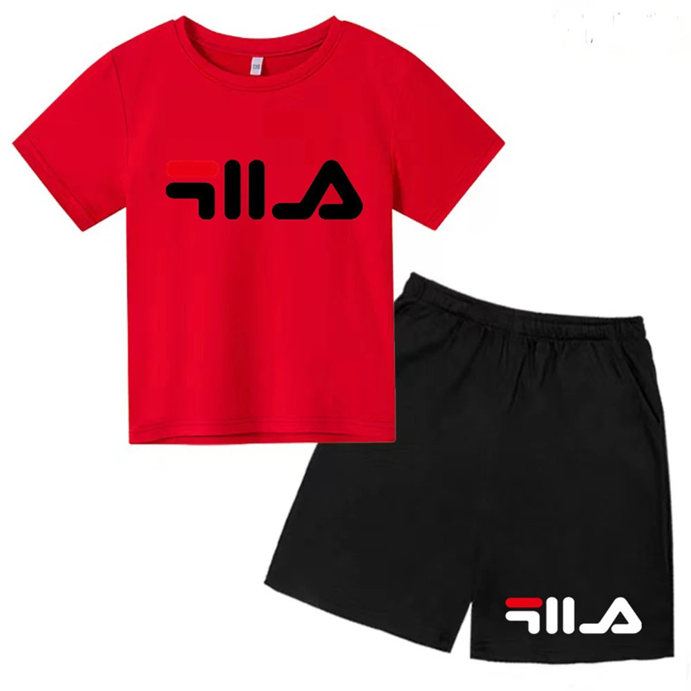 Summer Round Neck T-shirt for Boys Girl+shorts Set Children's Printed Cotton Breathable Leisure Brand Short Sleeve Clothing