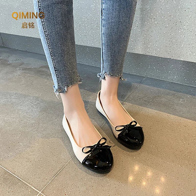 Women Ballet Flats Two Tone Bow Flats Round Toe Shoes For Women Slip On Casual Work Dress Flats Pumps Shallow Mouth Casual Shoes