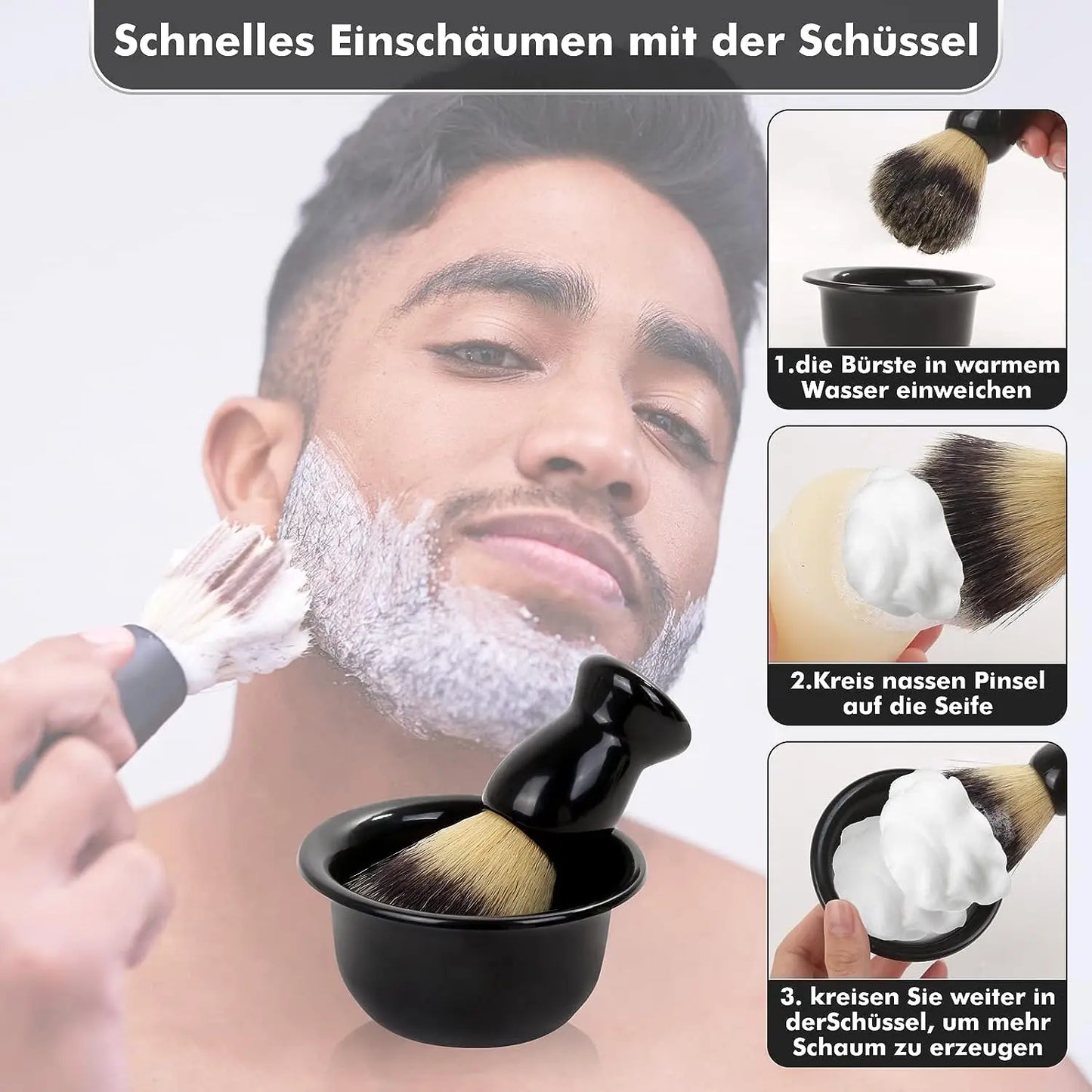 Shaving Brush Set, 3-in-1 Shaving Set with Shaving Brush, Shaving Bowl and Shaving Stand, Father's Day Men's Shaving Gift Set