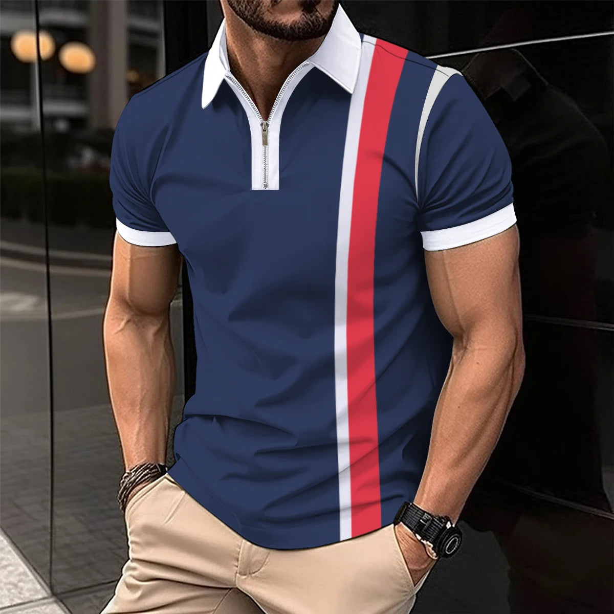2024 Summer Men's Fashion Lapel Short-Sleeved Striped men's Polo Shirt