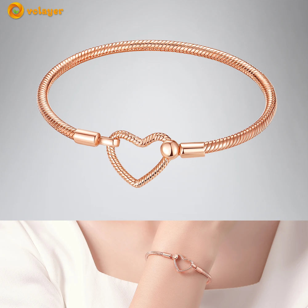 Volayer 925 Sterling Silver Bracelets Pavé Heart Shell Feathers Dreamcatcher Crown Clasp Snake Chain Bracelets Love Wing Bangles