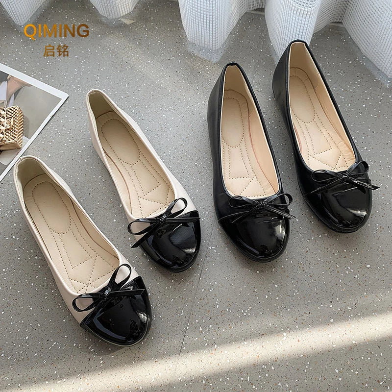 Women Ballet Flats Two Tone Bow Flats Round Toe Shoes For Women Slip On Casual Work Dress Flats Pumps Shallow Mouth Casual Shoes