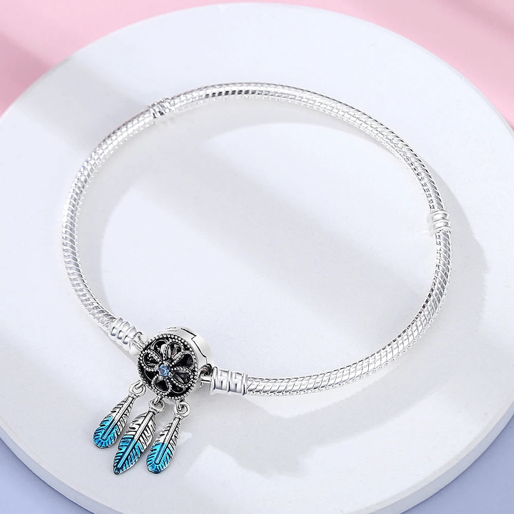 Volayer 925 Sterling Silver Bracelets Pavé Heart Shell Feathers Dreamcatcher Crown Clasp Snake Chain Bracelets Love Wing Bangles