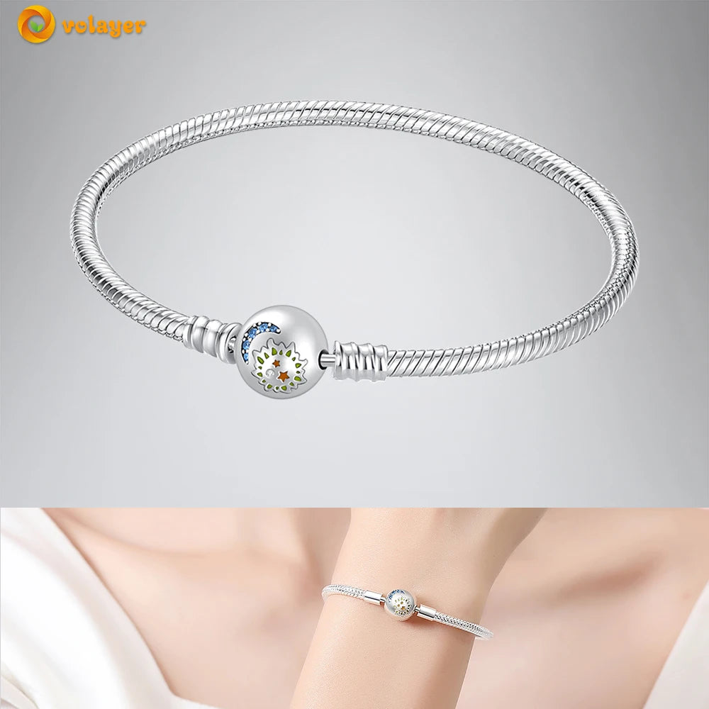 Volayer 925 Sterling Silver Bracelets Pavé Heart Shell Feathers Dreamcatcher Crown Clasp Snake Chain Bracelets Love Wing Bangles