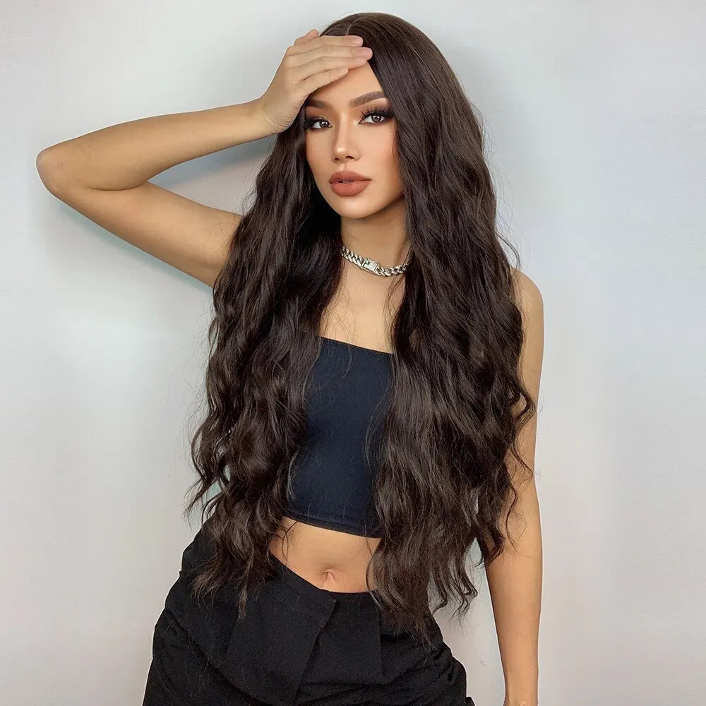 HAIRCUBE Long Brown Curly Wavy Wig for Women Middle Part Heat Resistant Fake Hair