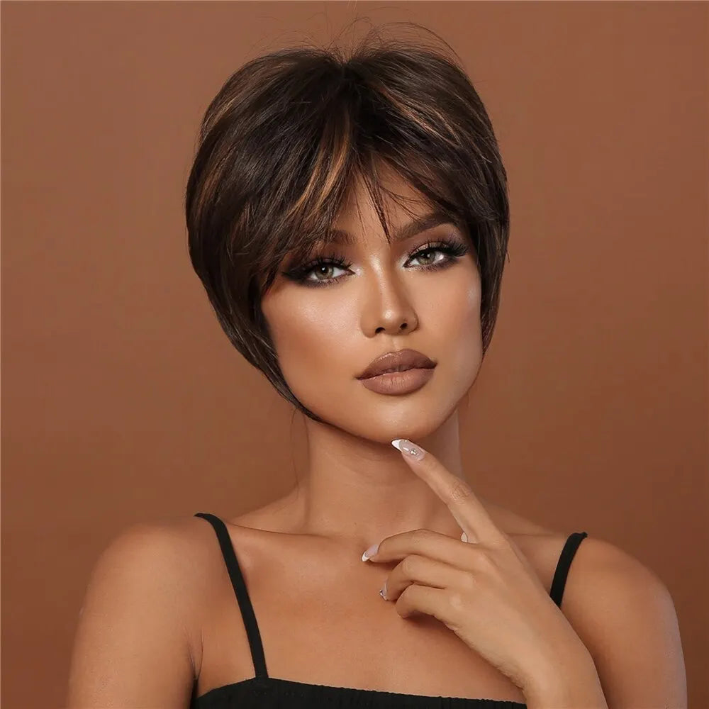 Brown Syntheticl Use Wig Natural Hair Heat Resistant
