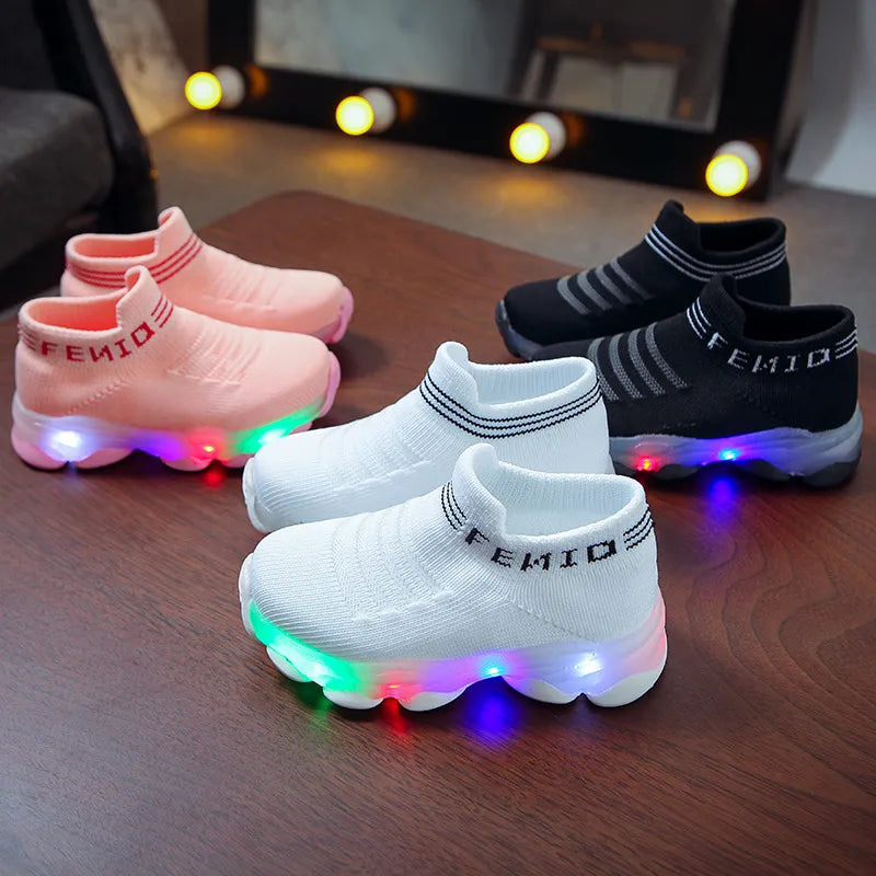Kids Sneakers Children Baby Girls Boys Letter Mesh Leds Shoes