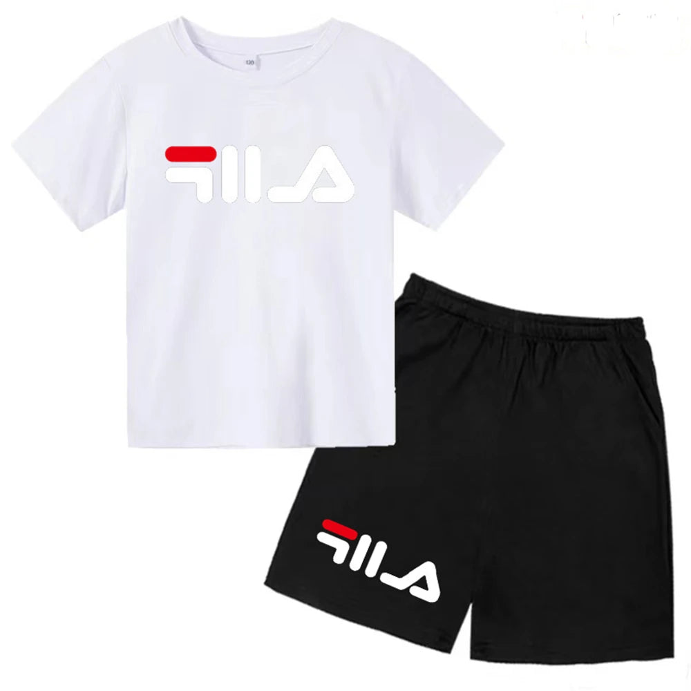 Summer Round Neck T-shirt for Boys Girl+shorts Set Children's Printed Cotton Breathable Leisure Brand Short Sleeve Clothing