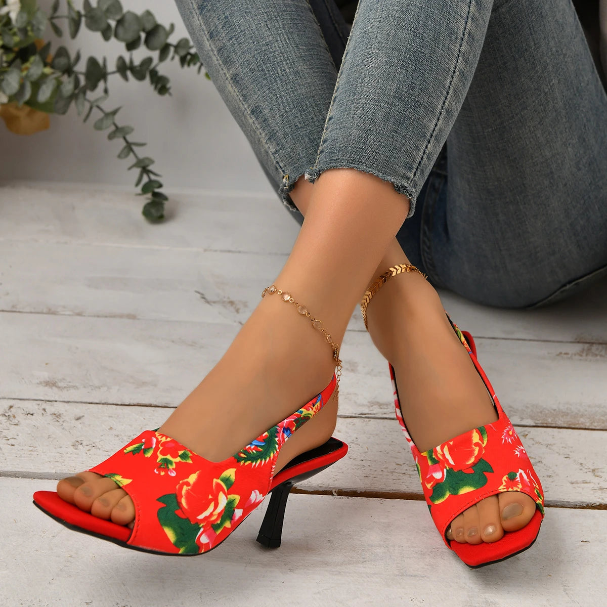 Women Shoes 2024 Spring New Northeast Flower Women Slingbacks Heels Sandals Sexy Dress Thin Heel Pointed Toe Ladies High Heels