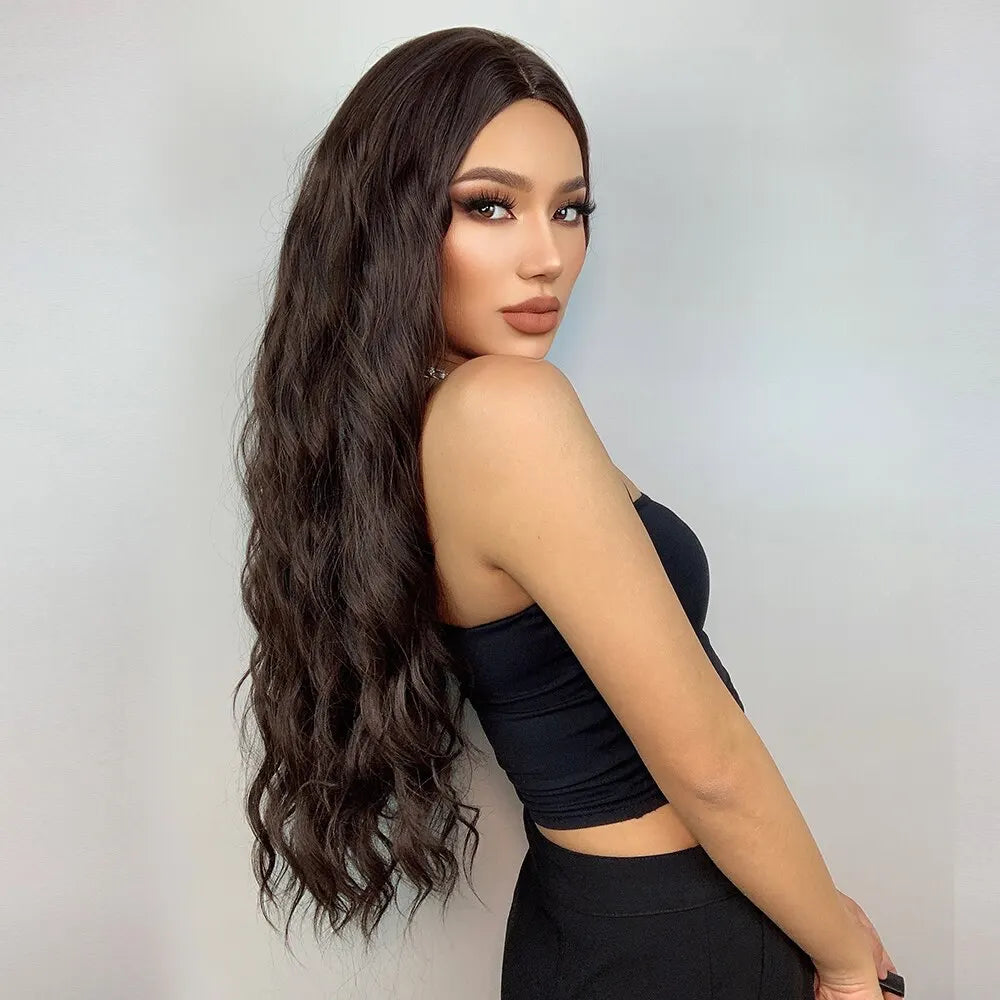 HAIRCUBE Long Brown Curly Wavy Wig for Women Middle Part Heat Resistant Fake Hair