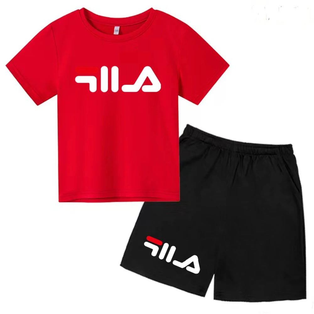 Summer Round Neck T-shirt for Boys Girl+shorts Set Children's Printed Cotton Breathable Leisure Brand Short Sleeve Clothing