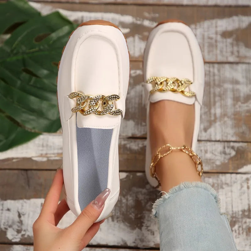 2024 Ladies Spring New Metal Chain Desf Walking Flat Shoes