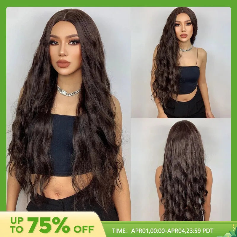 HAIRCUBE Long Brown Curly Wavy Wig for Women Middle Part Heat Resistant Fake Hair