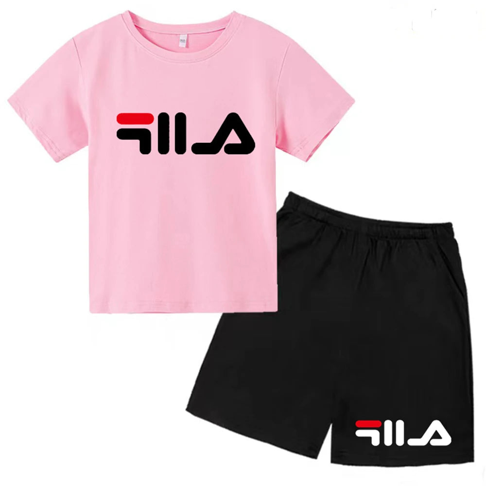 Summer Round Neck T-shirt for Boys Girl+shorts Set Children's Printed Cotton Breathable Leisure Brand Short Sleeve Clothing