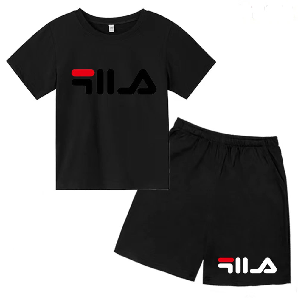 Summer Round Neck T-shirt for Boys Girl+shorts Set Children's Printed Cotton Breathable Leisure Brand Short Sleeve Clothing