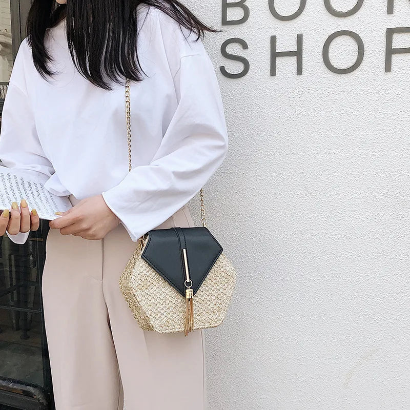 Hexagon Mulit Style Straw+leather Handbag WomeN