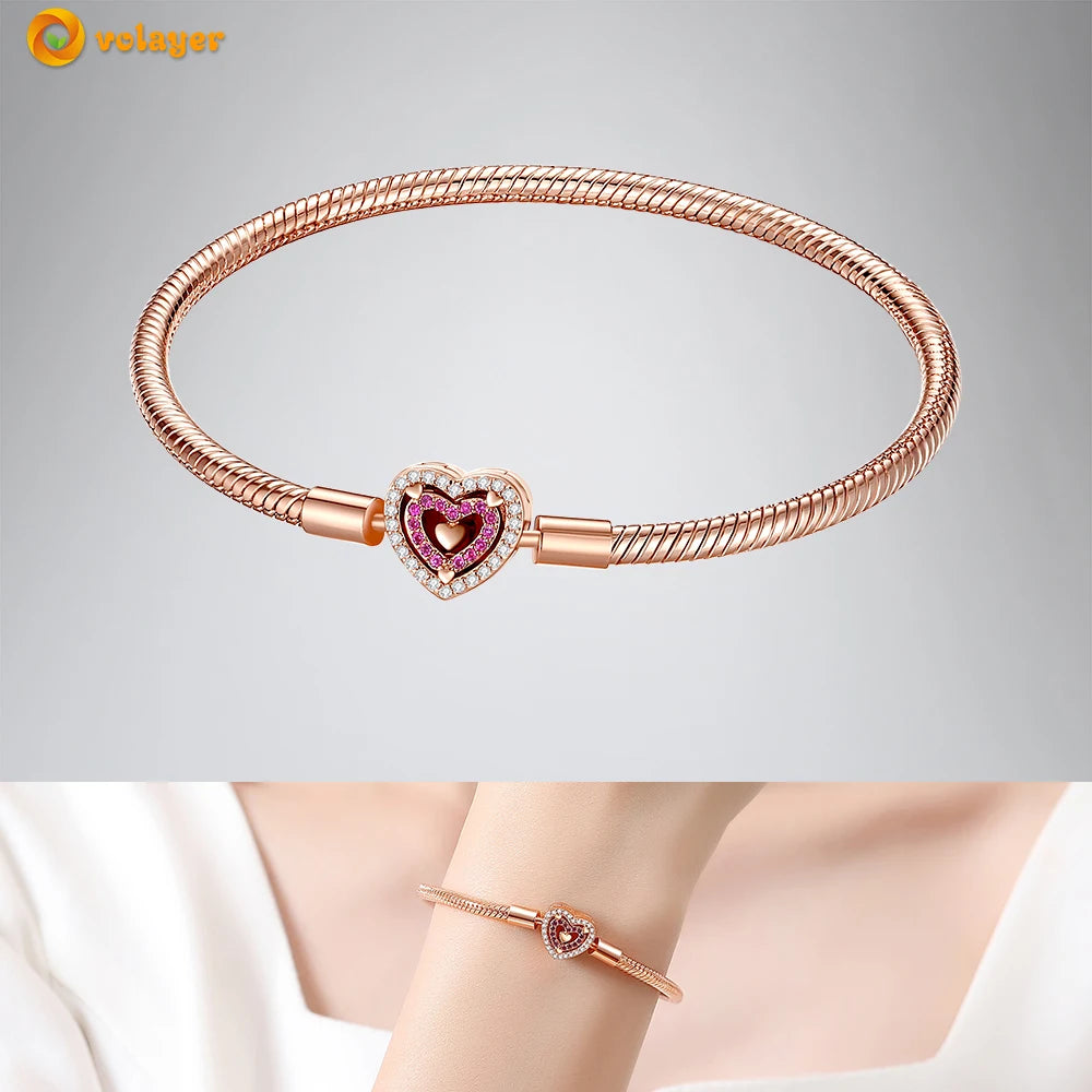 Volayer 925 Sterling Silver Bracelets Pavé Heart Shell Feathers Dreamcatcher Crown Clasp Snake Chain Bracelets Love Wing Bangles