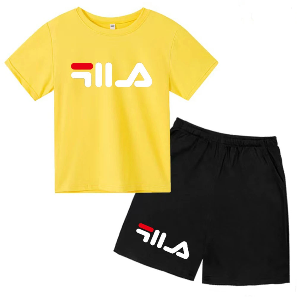 Summer Round Neck T-shirt for Boys Girl+shorts Set Children's Printed Cotton Breathable Leisure Brand Short Sleeve Clothing